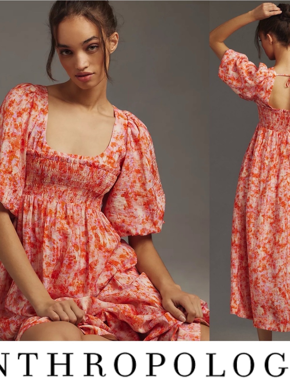 Anthropologie Pink and Orange Floral Puff-Sleeve Midi Dress NWOT❤️ Size Medium